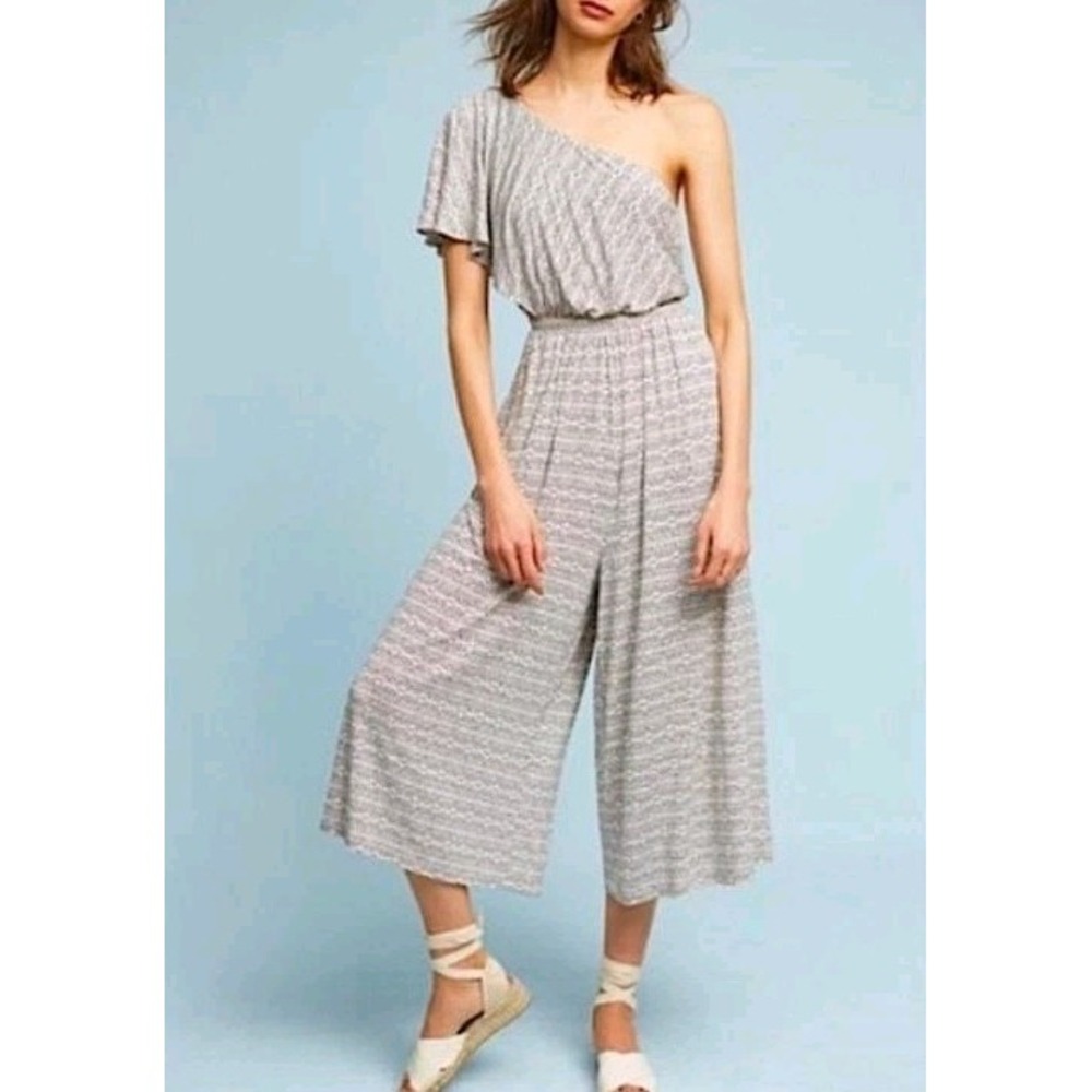 Anthropologie Maeve White Black JAMIE One Shoulder Wide Leg Jumpsuit‎ Sz S